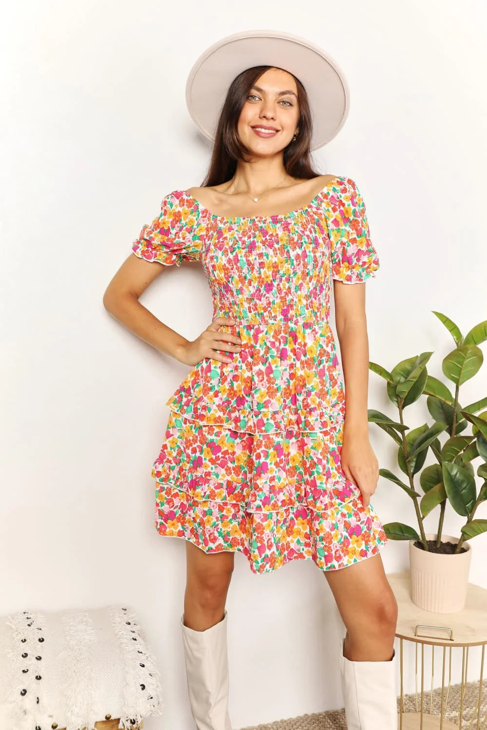Devine Smocked Sweetheart Neck Flounce Sleeve Mini Dress - Strawberry / S
