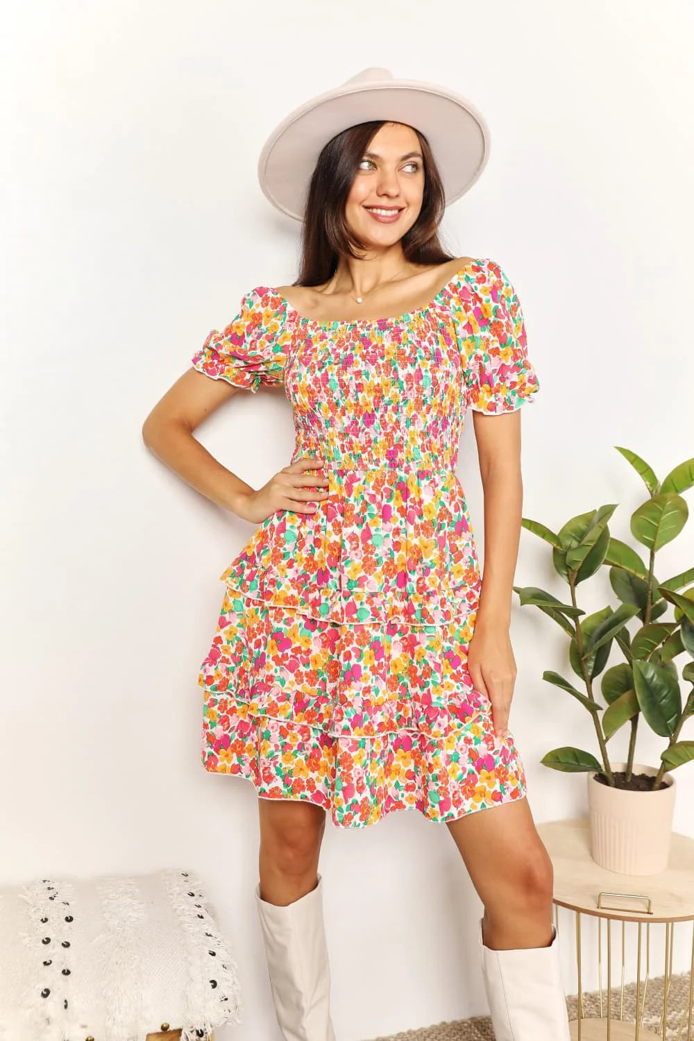 Devine Smocked Sweetheart Neck Flounce Sleeve Mini Dress - Strawberry / S