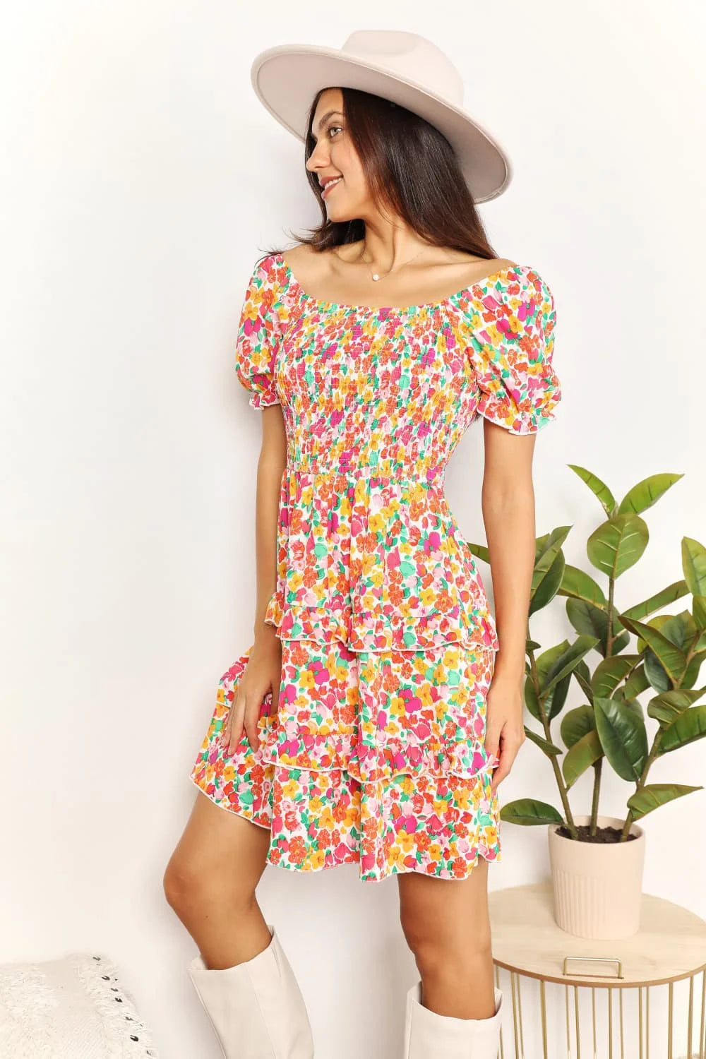 Devine Smocked Sweetheart Neck Flounce Sleeve Mini Dress - Strawberry / S