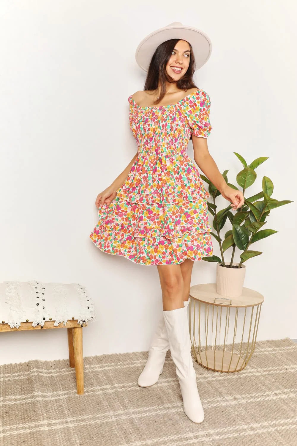 Devine Smocked Sweetheart Neck Flounce Sleeve Mini Dress - Strawberry / S