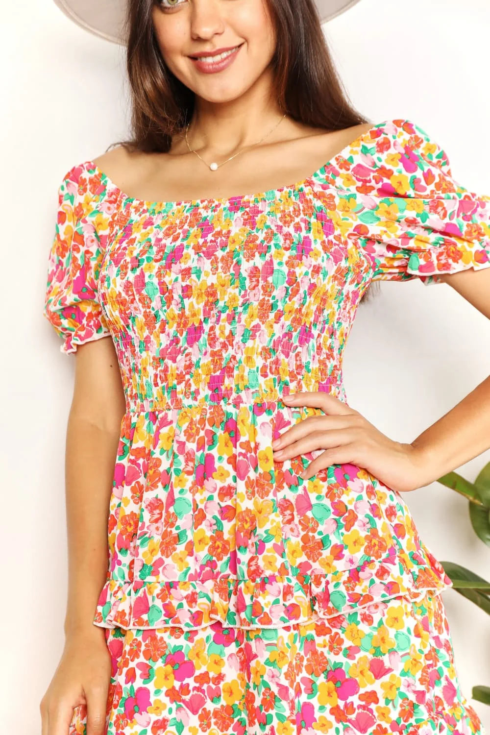 Devine Smocked Sweetheart Neck Flounce Sleeve Mini Dress - Strawberry / S
