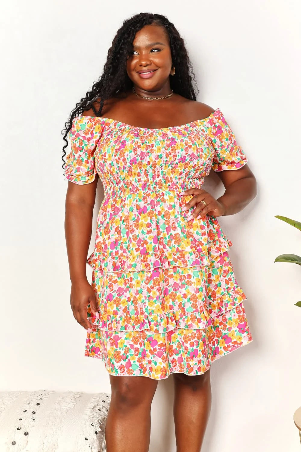 Devine Smocked Sweetheart Neck Flounce Sleeve Mini Dress - Strawberry / S
