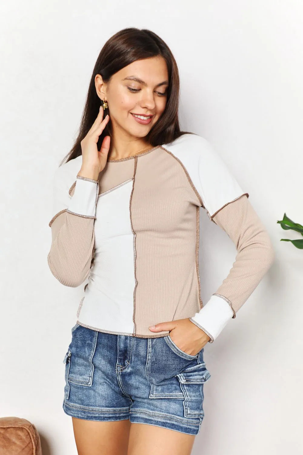 Double Take Color Block Exposed Seam Top - Khaki / S