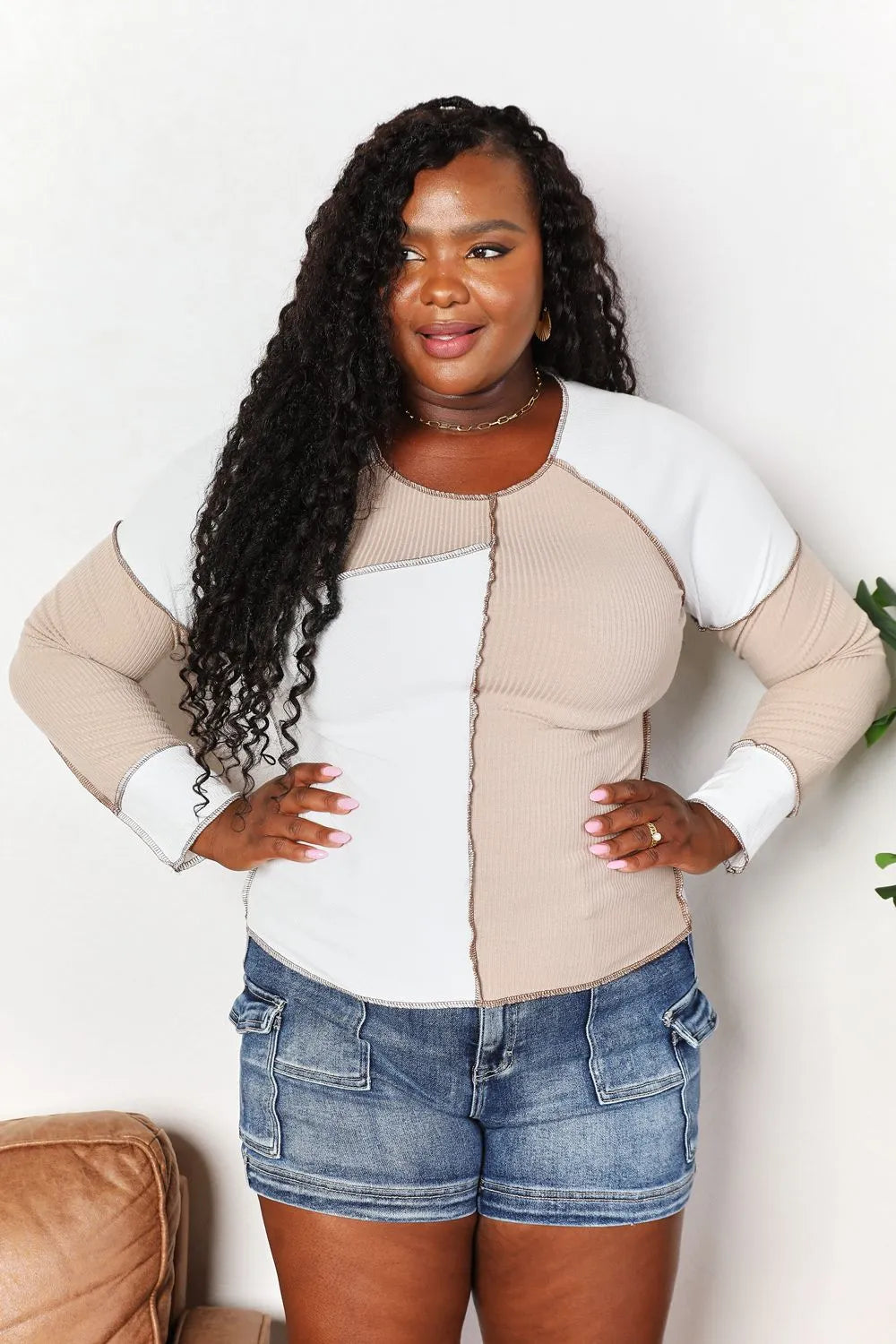 Double Take Color Block Exposed Seam Top - Khaki / S
