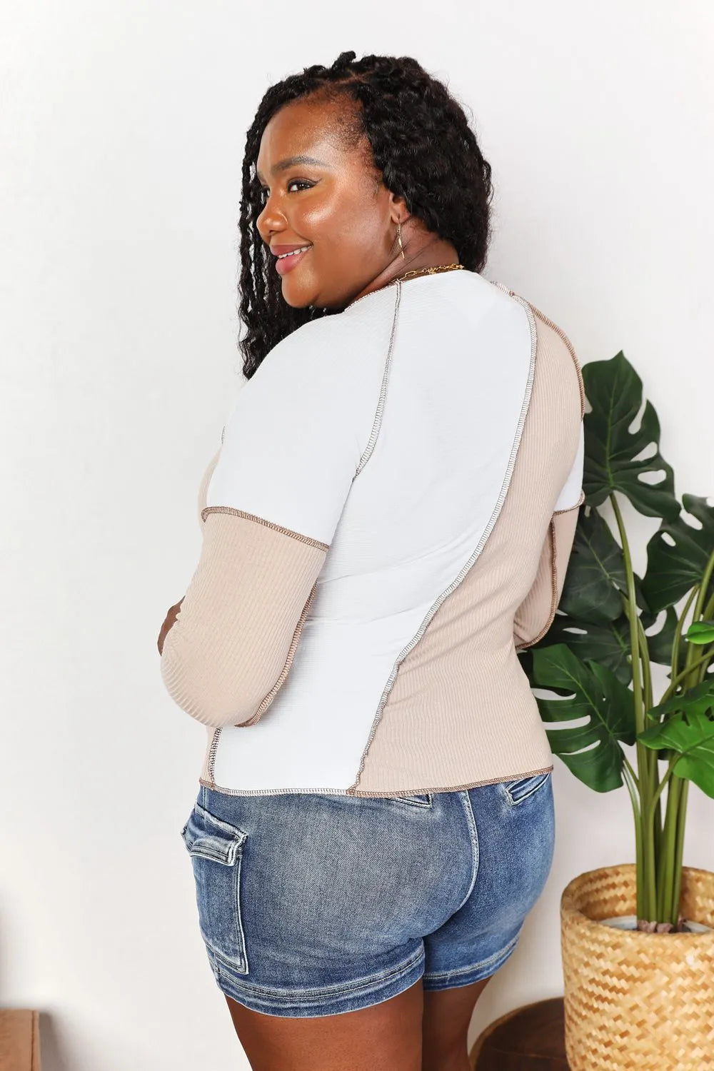Double Take Color Block Exposed Seam Top - Khaki / S