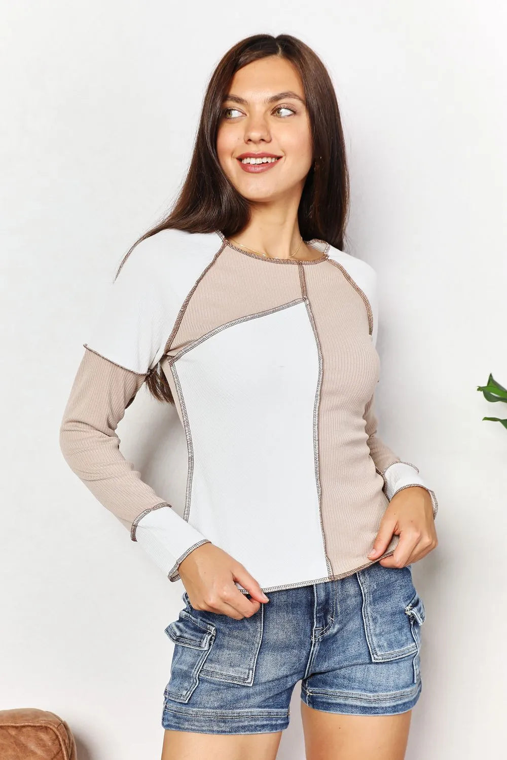 Double Take Color Block Exposed Seam Top - Khaki / S