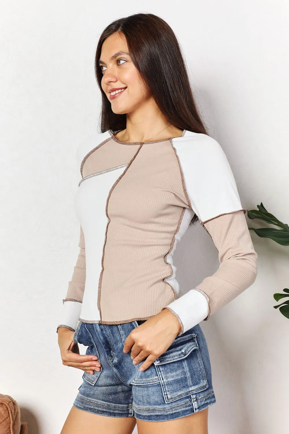 Double Take Color Block Exposed Seam Top - Khaki / S