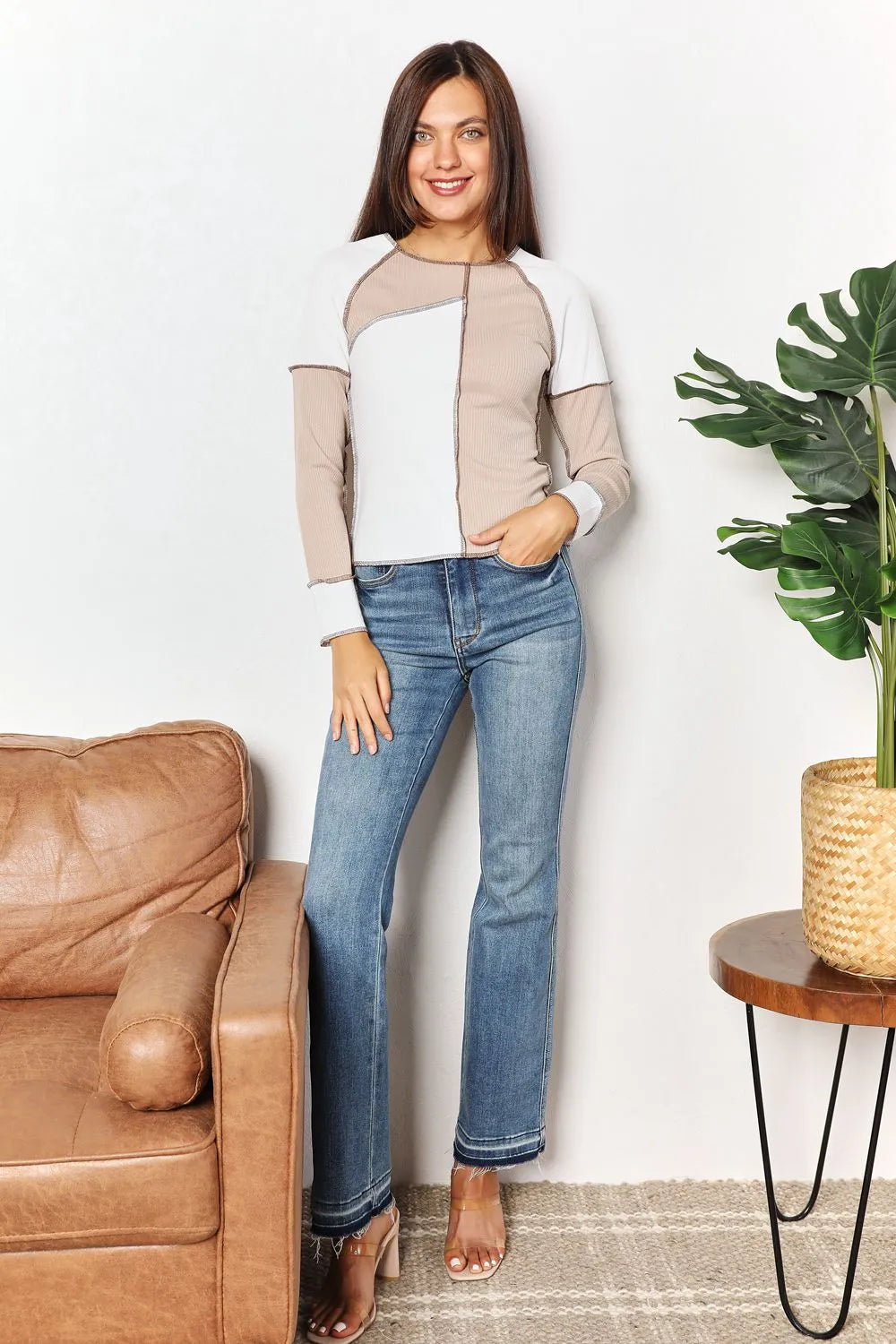 Double Take Color Block Exposed Seam Top - Khaki / S