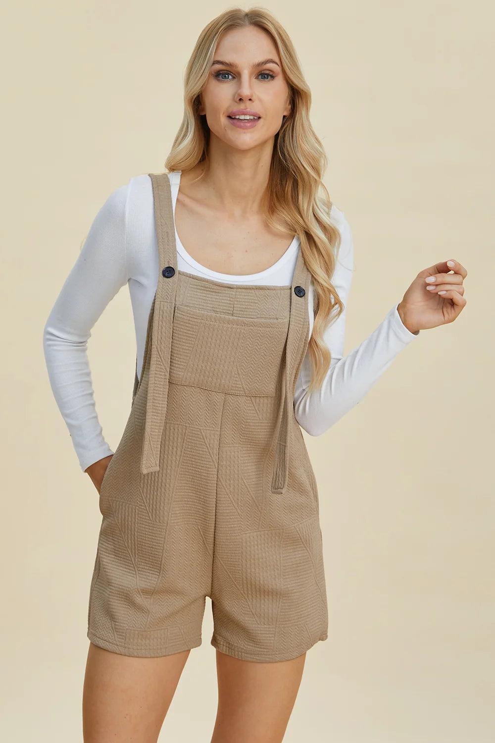 Double Take Full Size Texture Sleeveless Romper - Khaki / S