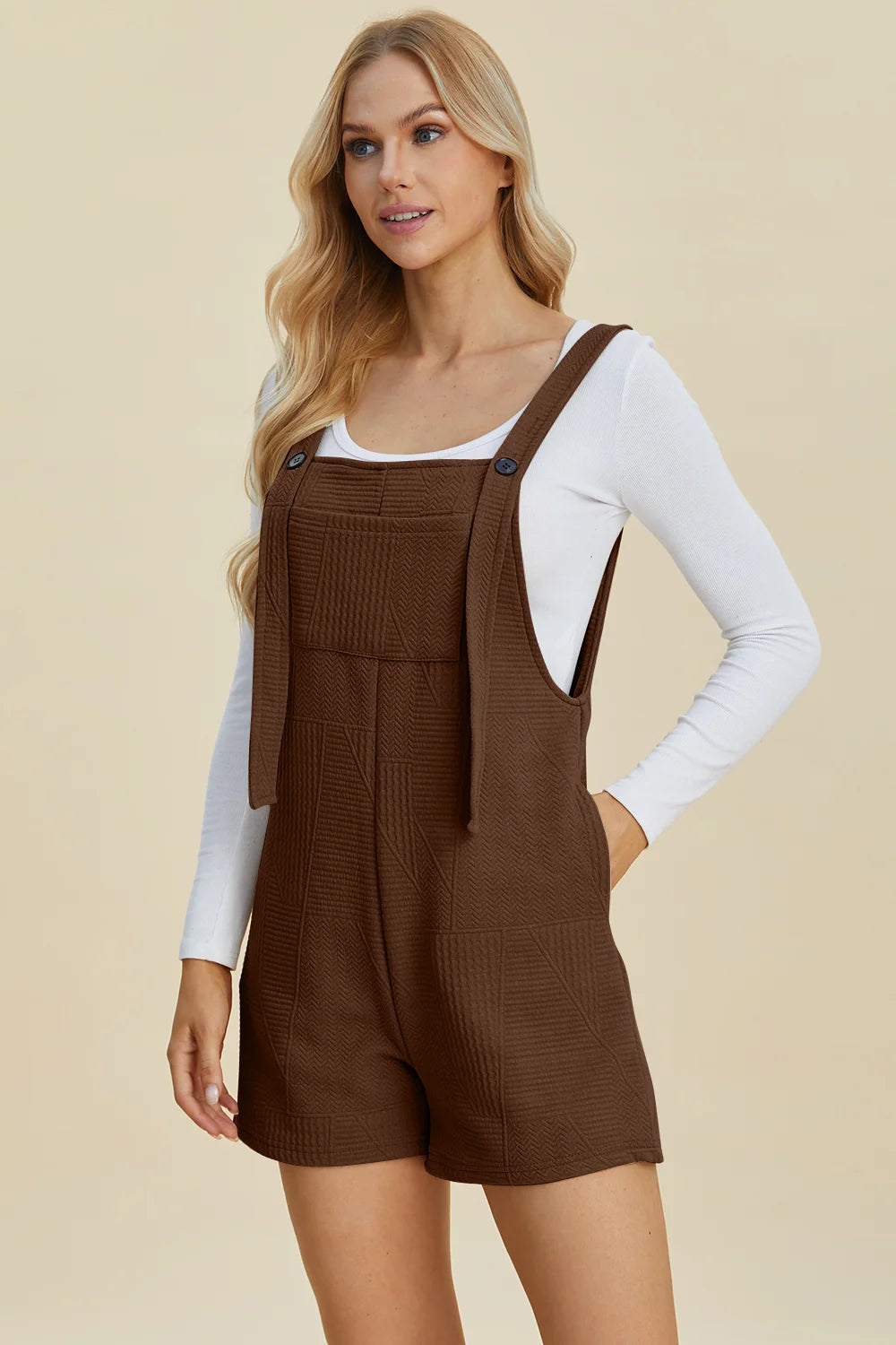 Double Take Full Size Texture Sleeveless Romper - Khaki / S