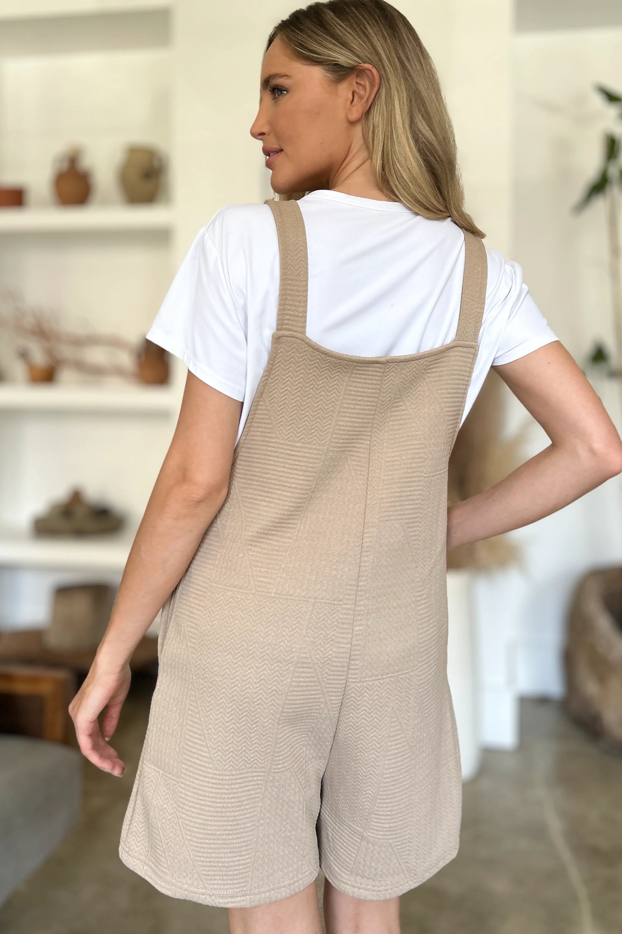 Double Take Full Size Texture Sleeveless Romper - Khaki / S