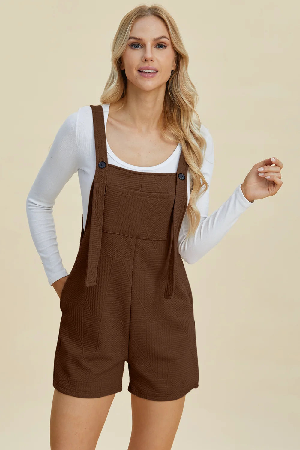 Double Take Full Size Texture Sleeveless Romper - Khaki / S