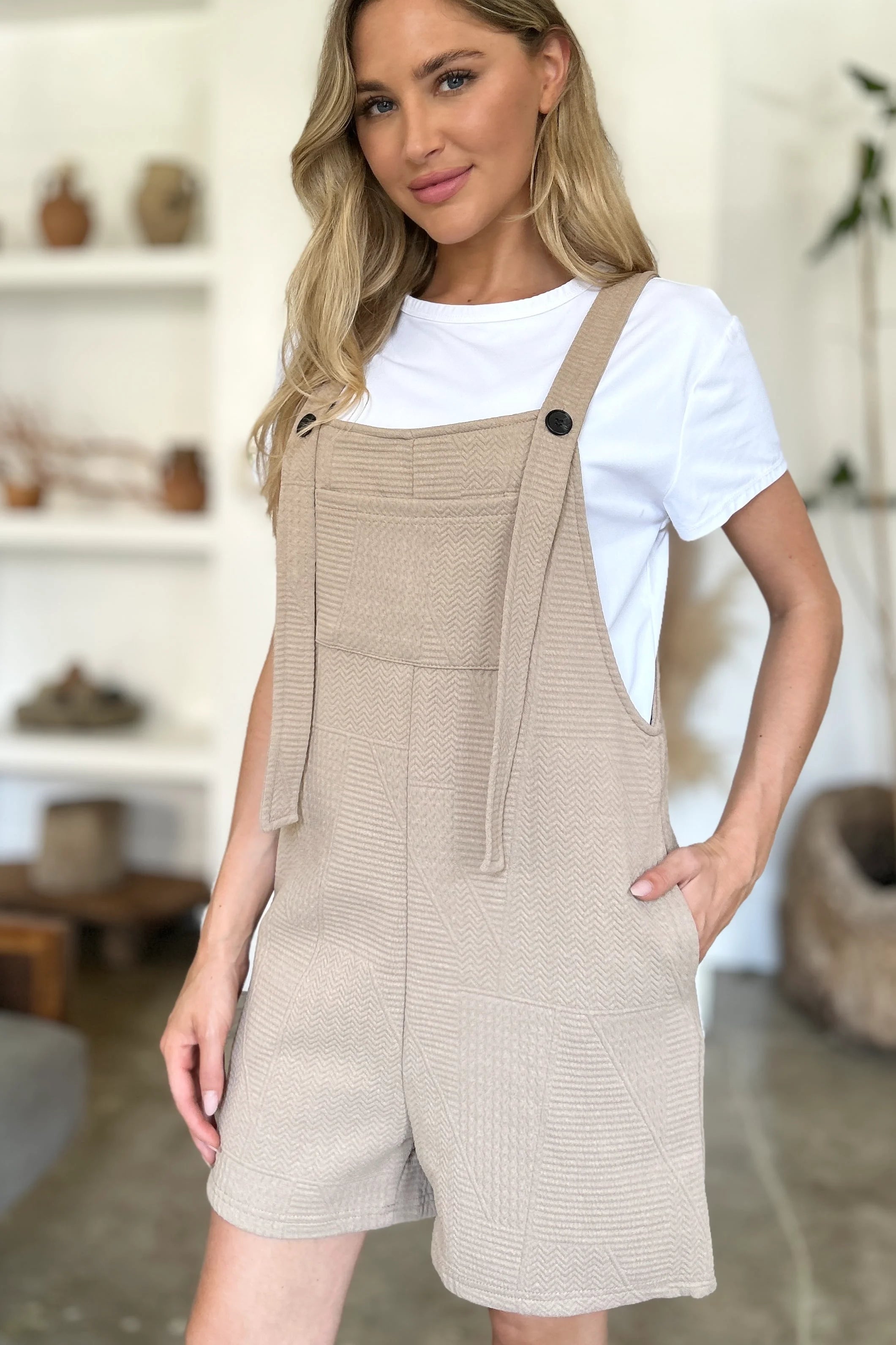 Double Take Full Size Texture Sleeveless Romper - Khaki / S