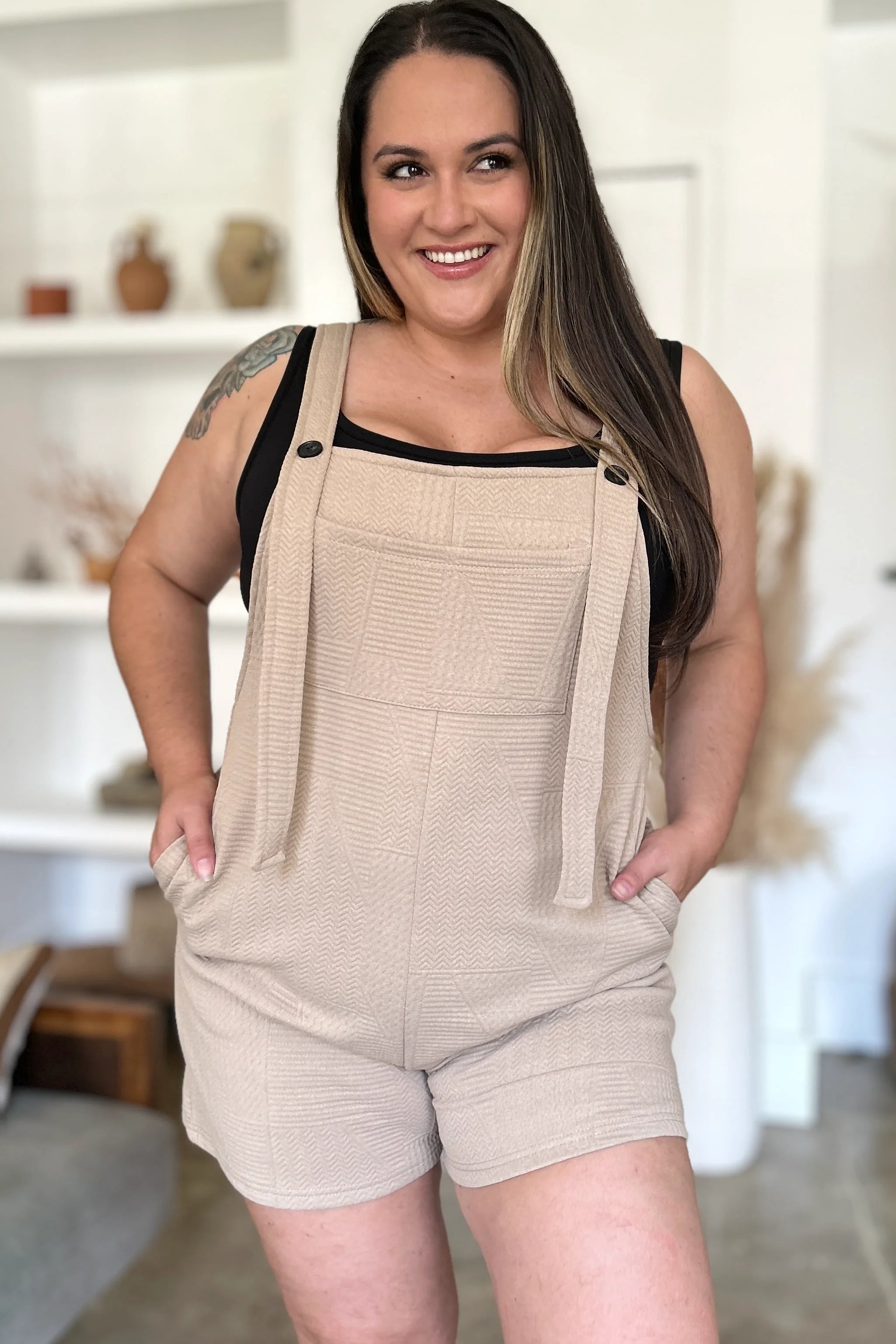 Double Take Full Size Texture Sleeveless Romper - Khaki / S