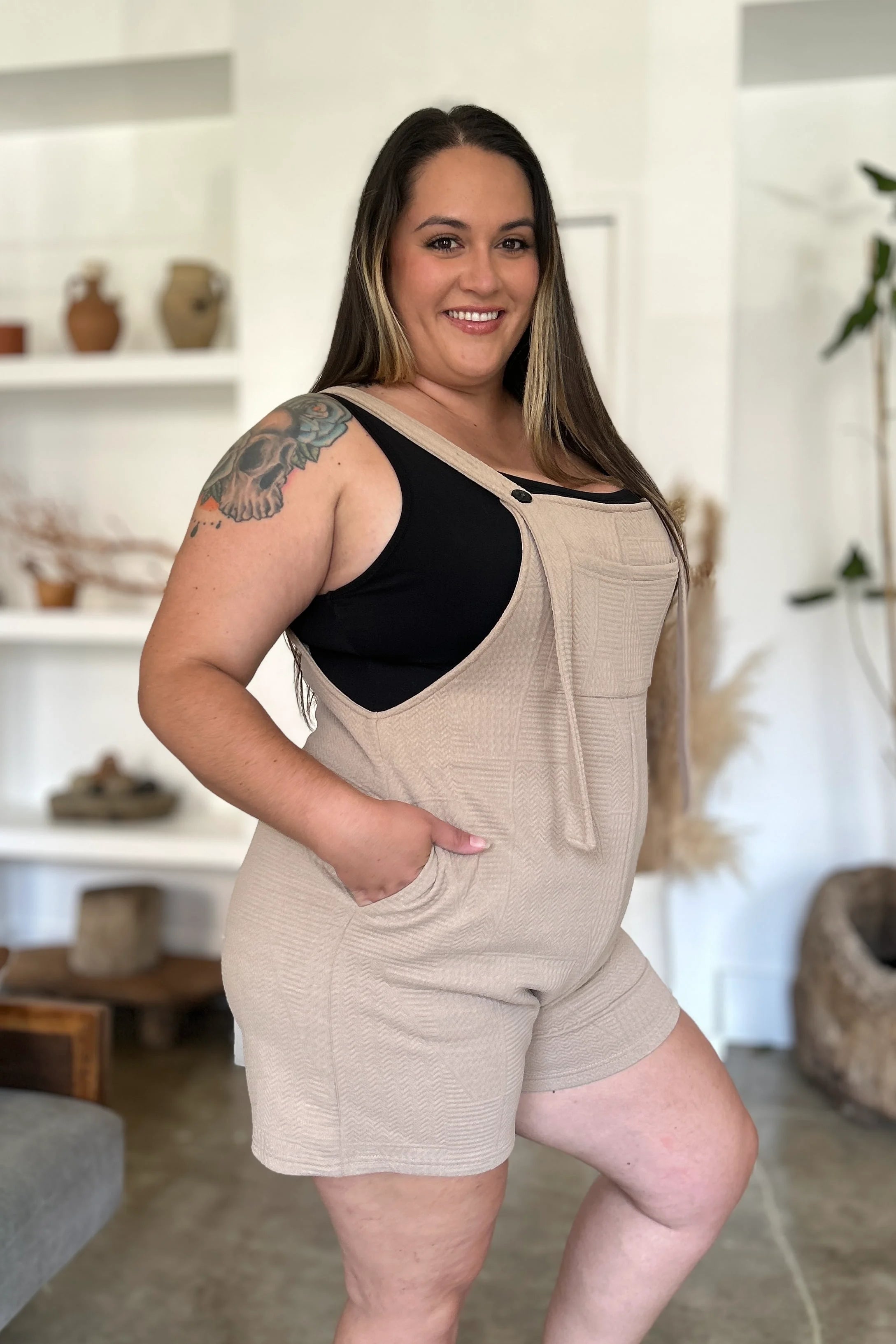 Double Take Full Size Texture Sleeveless Romper - Khaki / S