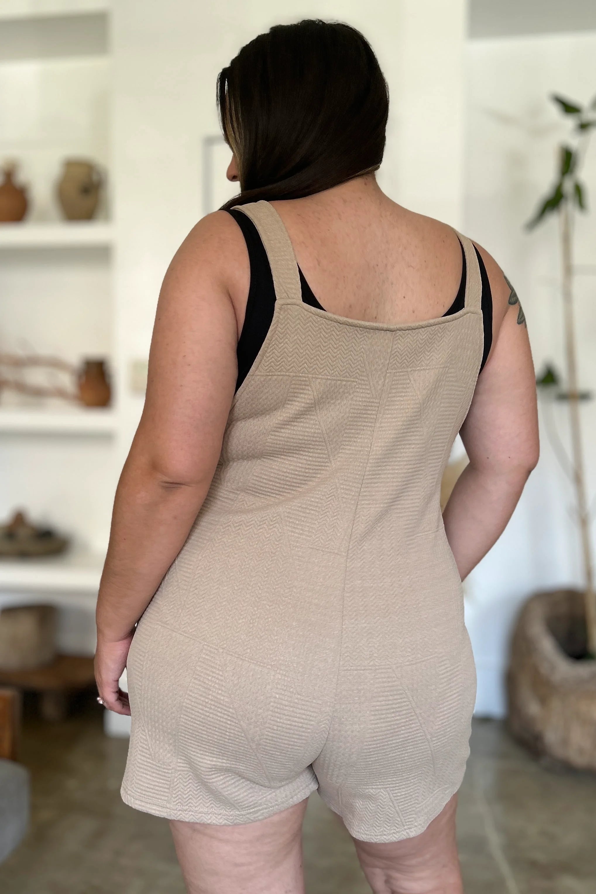 Double Take Full Size Texture Sleeveless Romper - Khaki / S