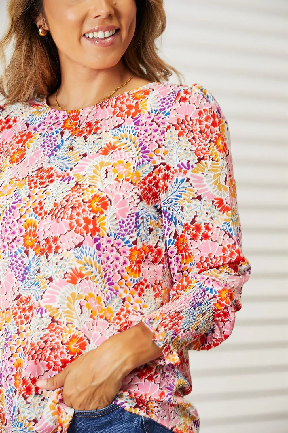 Double Take Floral Print Long Puff Sleeve Blouse - Floral / S