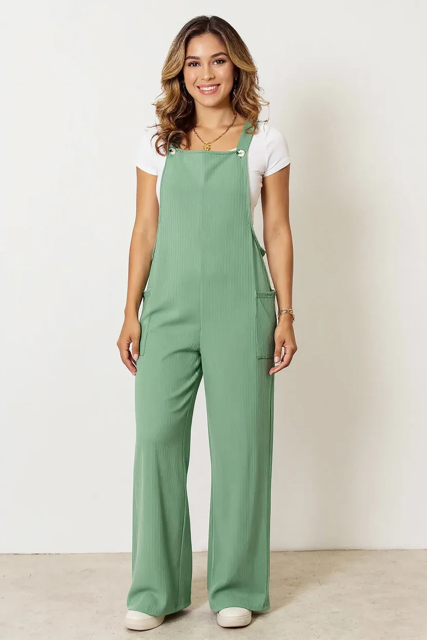 Double Take Full Size Wide Strap Overall with Pockets - Gum Leaf / S