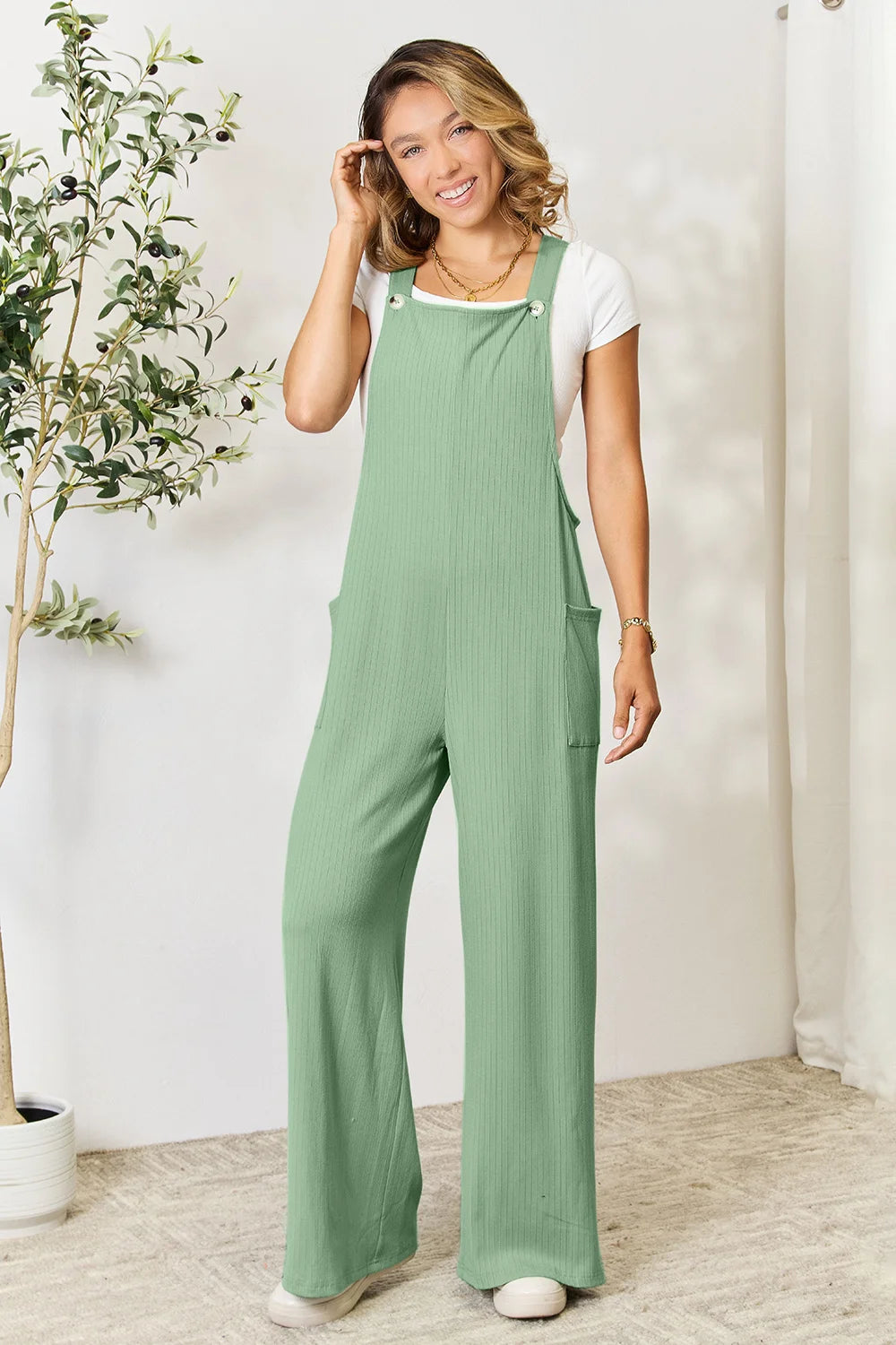 Double Take Full Size Wide Strap Overall with Pockets - Gum Leaf / S