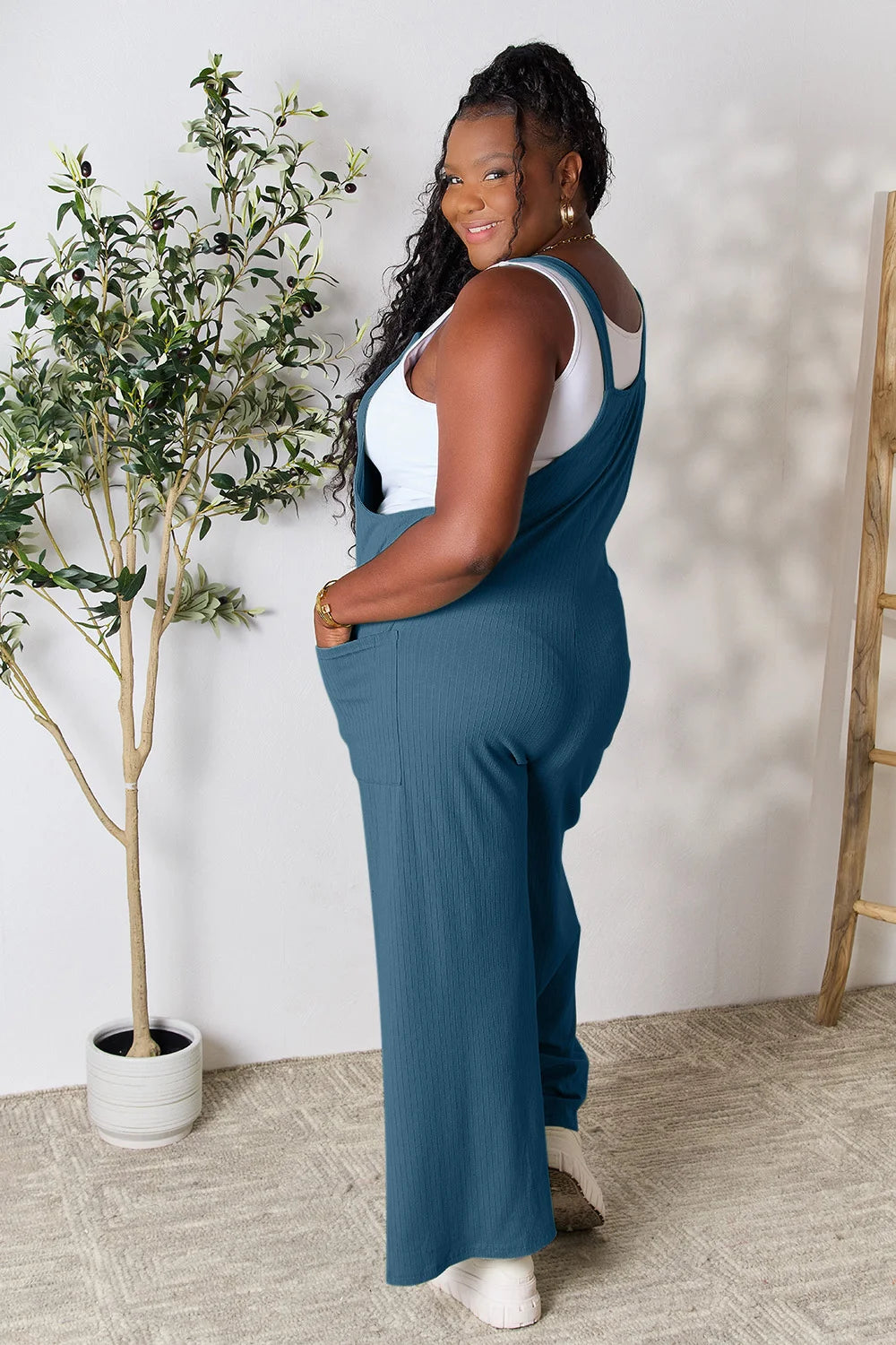 Double Take Full Size Wide Strap Overall with Pockets - Gum Leaf / S