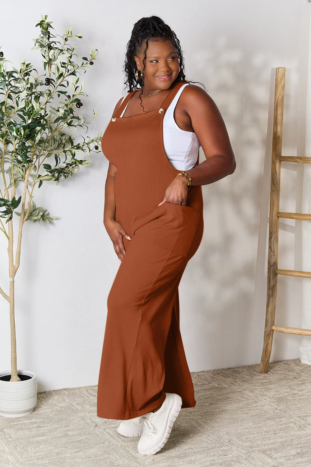 Double Take Full Size Wide Strap Overall with Pockets - Gum Leaf / S