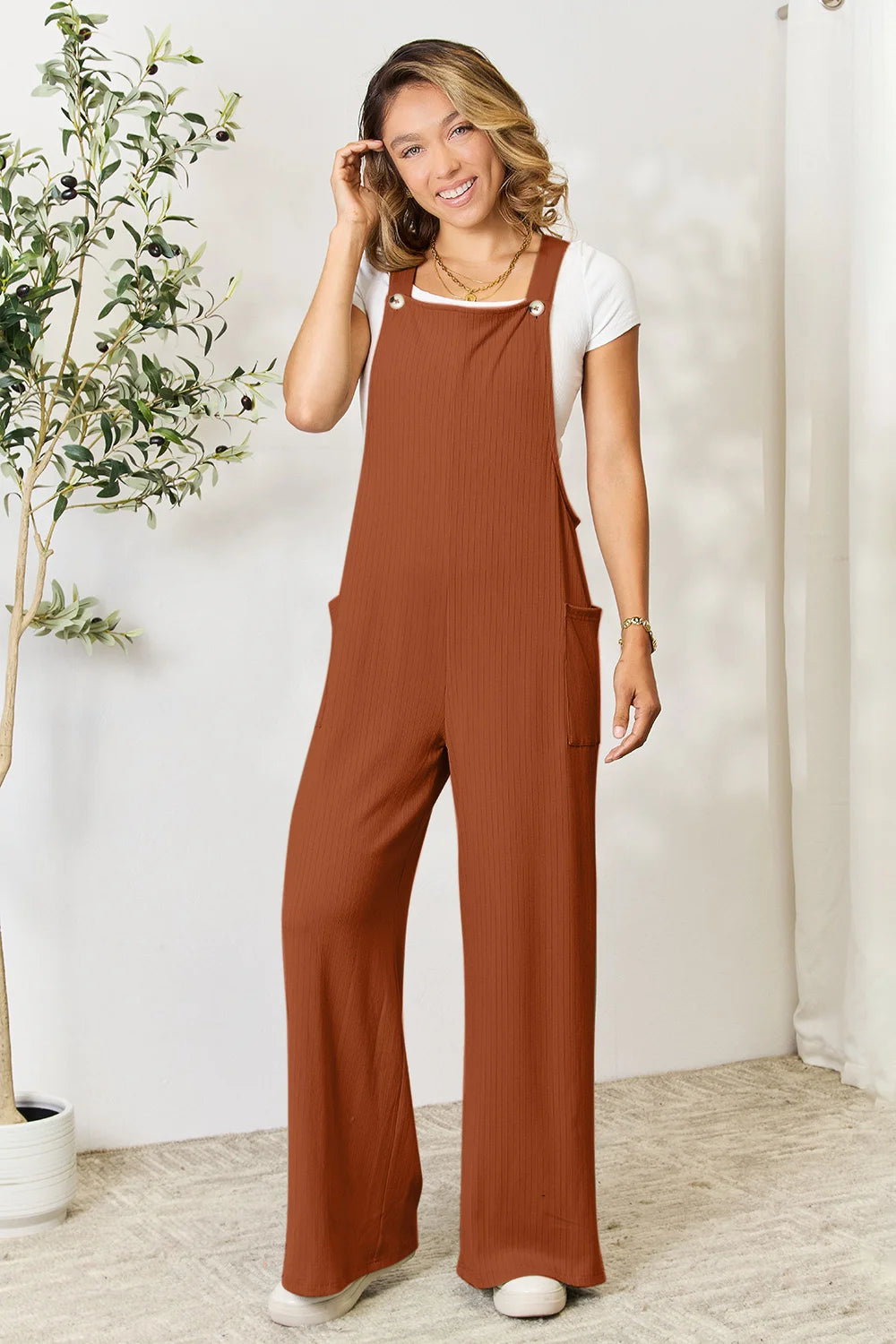 Double Take Full Size Wide Strap Overall with Pockets - Gum Leaf / S