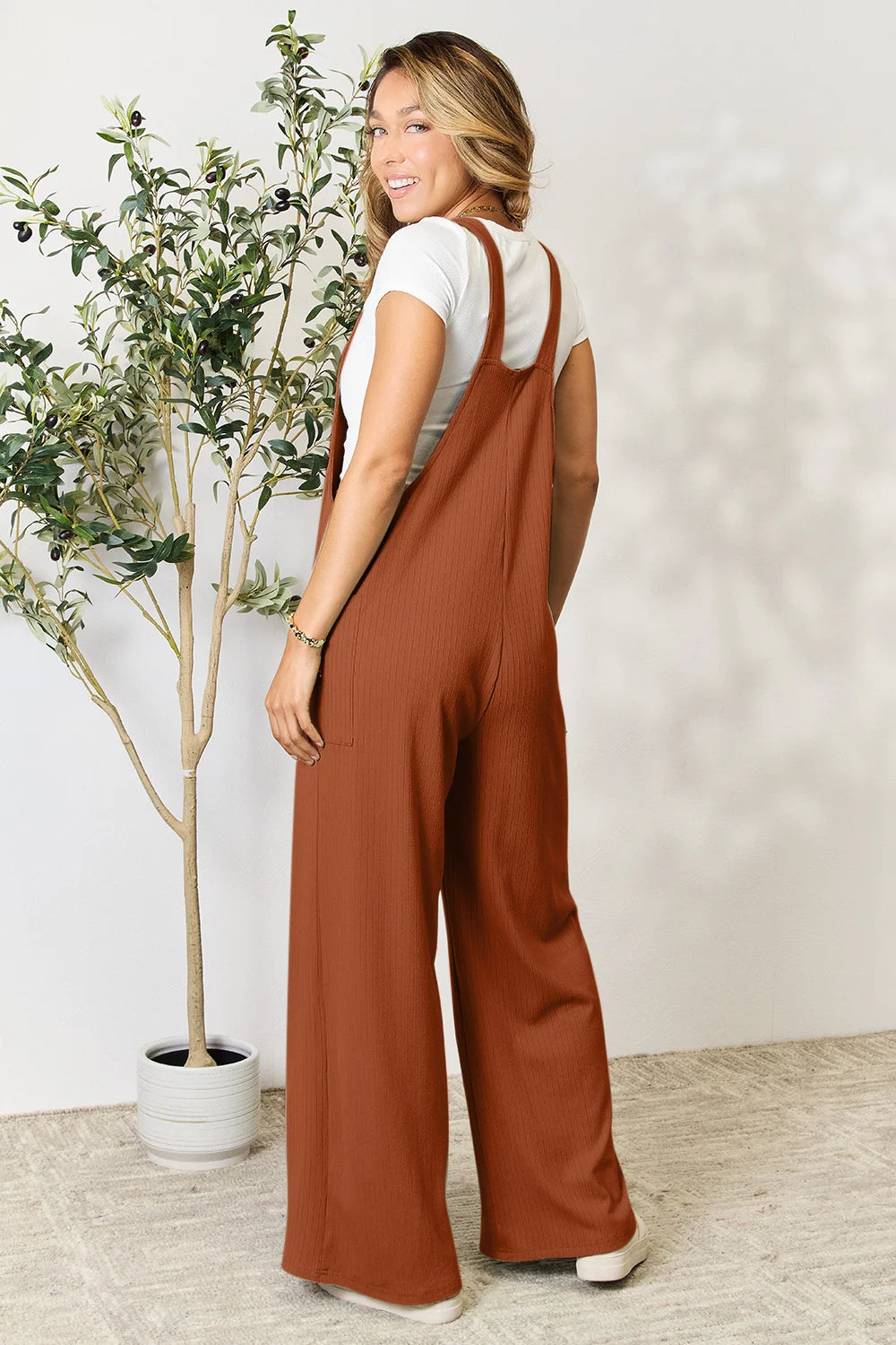 Double Take Full Size Wide Strap Overall with Pockets - Gum Leaf / S