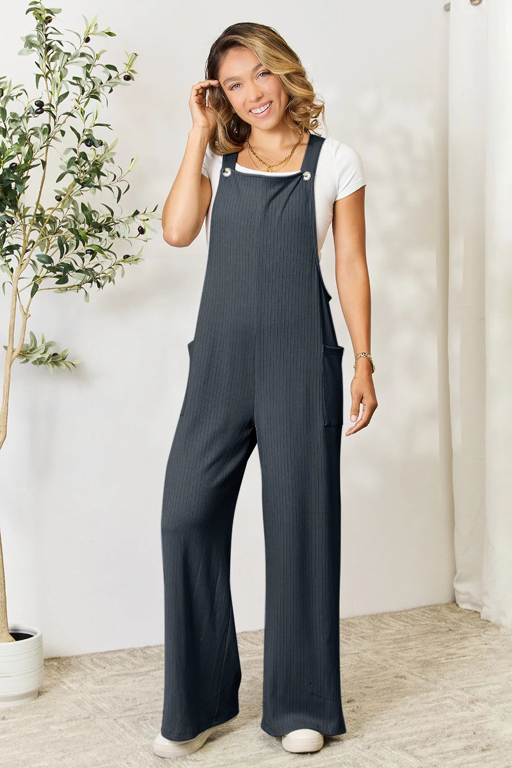 Double Take Full Size Wide Strap Overall with Pockets - Gum Leaf / S