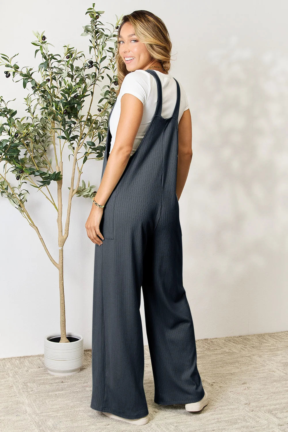 Double Take Full Size Wide Strap Overall with Pockets - Gum Leaf / S