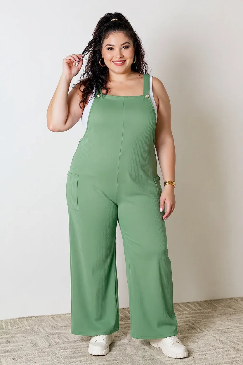 Double Take Full Size Wide Strap Overall with Pockets - Gum Leaf / S