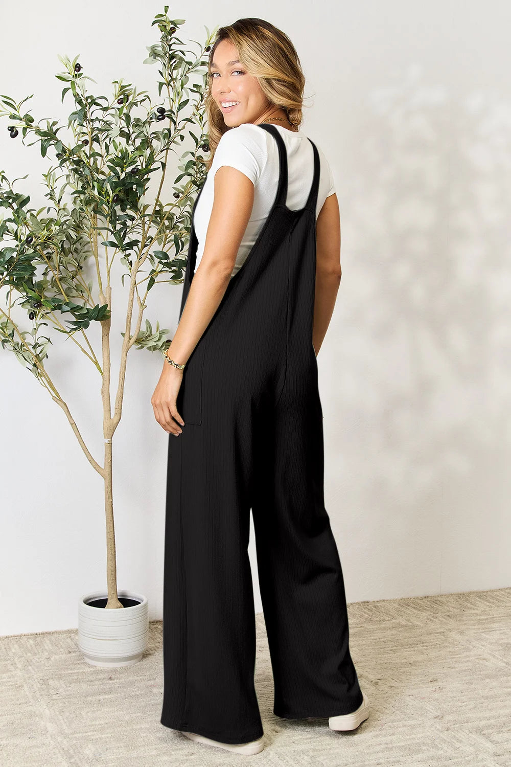 Double Take Full Size Wide Strap Overall with Pockets - Gum Leaf / S