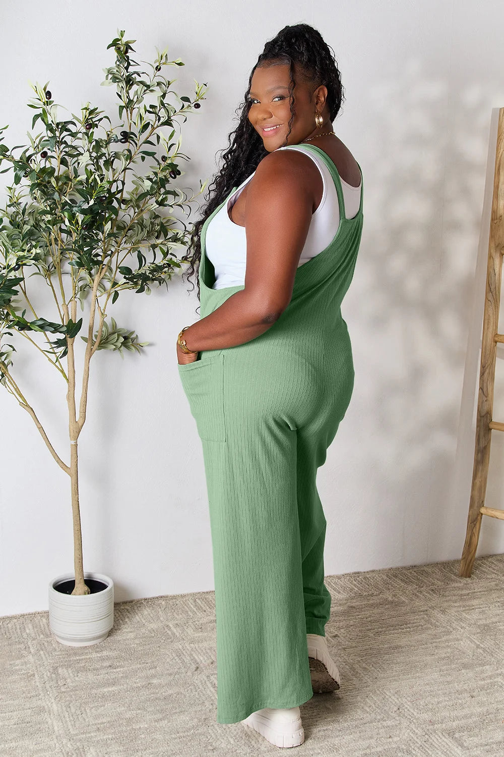 Double Take Full Size Wide Strap Overall with Pockets - Gum Leaf / S