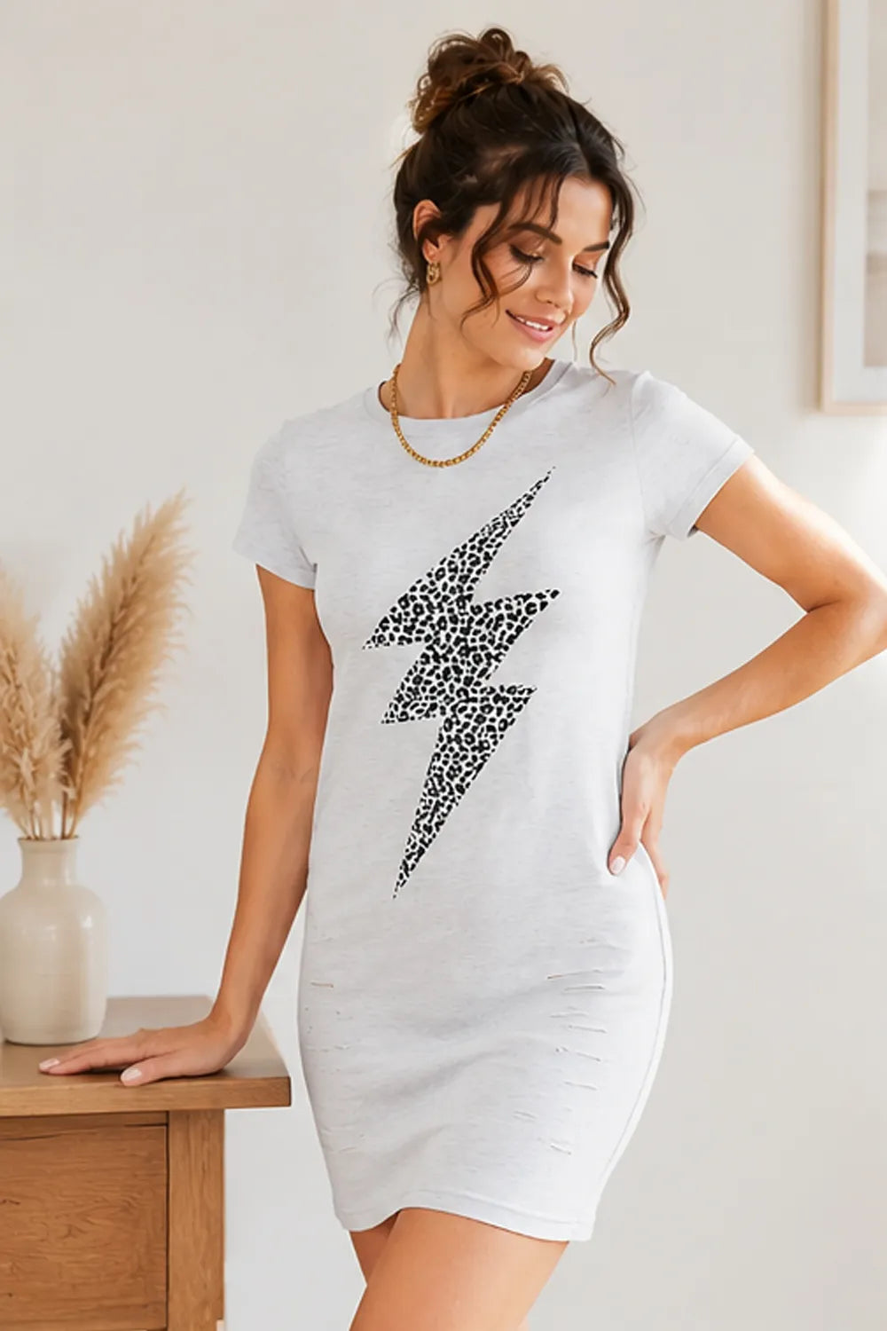 Double Take Leopard Lightning Graphic Tee Dress - Light Gray / S