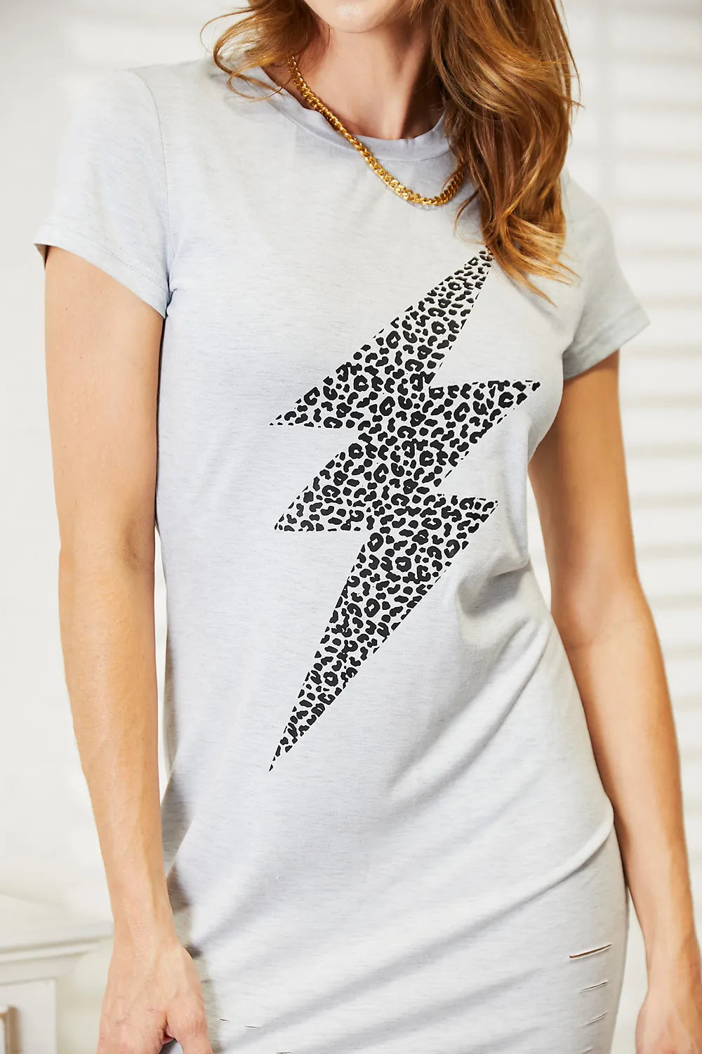 Double Take Leopard Lightning Graphic Tee Dress - Light Gray / S