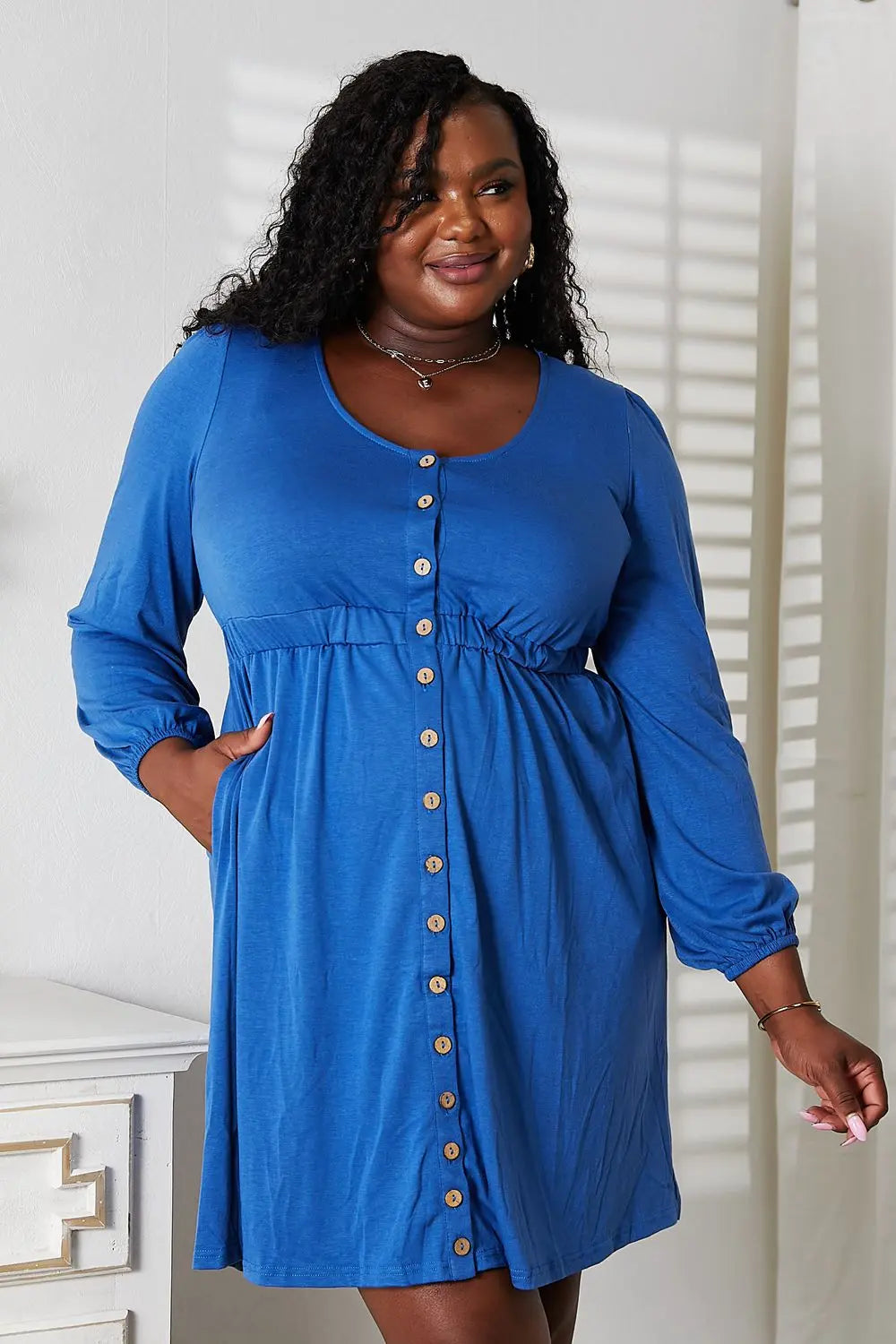 Double Take Scoop Neck Empire Waist Long Sleeve Magic Dress - Royal Blue / S