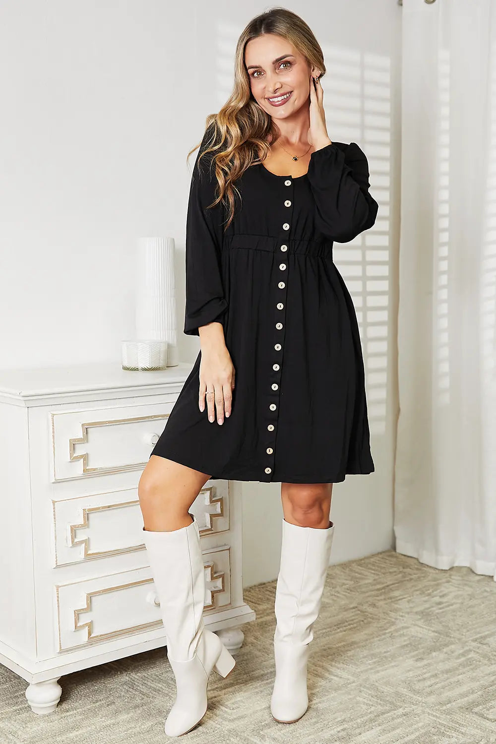 Double Take Scoop Neck Empire Waist Long Sleeve Magic Dress - Black / S