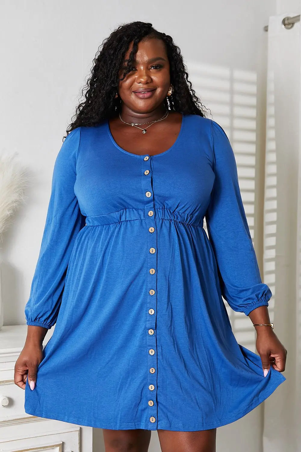 Double Take Scoop Neck Empire Waist Long Sleeve Magic Dress - Black / S