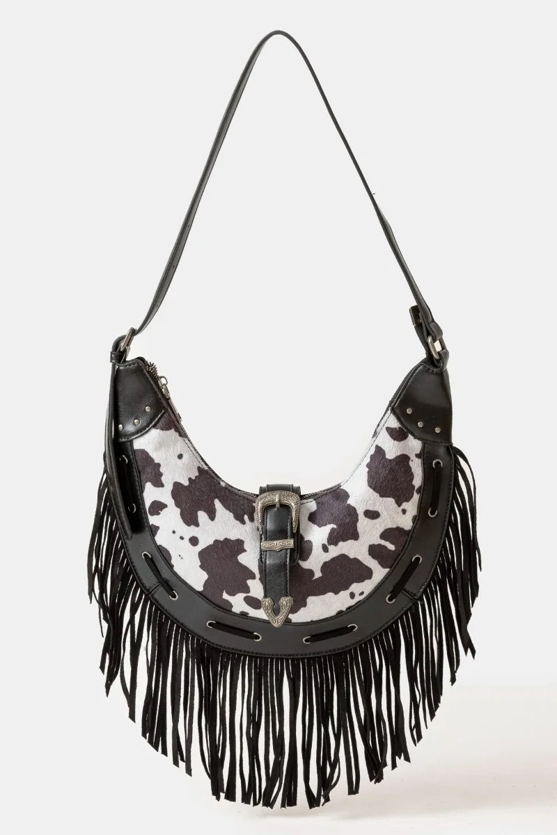 Fame Cow Print Faux Leather Fringe Hobo Bag - Cow Print / one size
