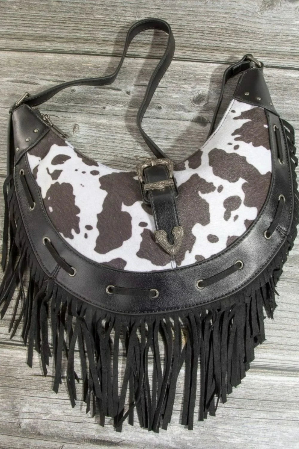 Fame Cow Print Faux Leather Fringe Hobo Bag - Cow Print / one size
