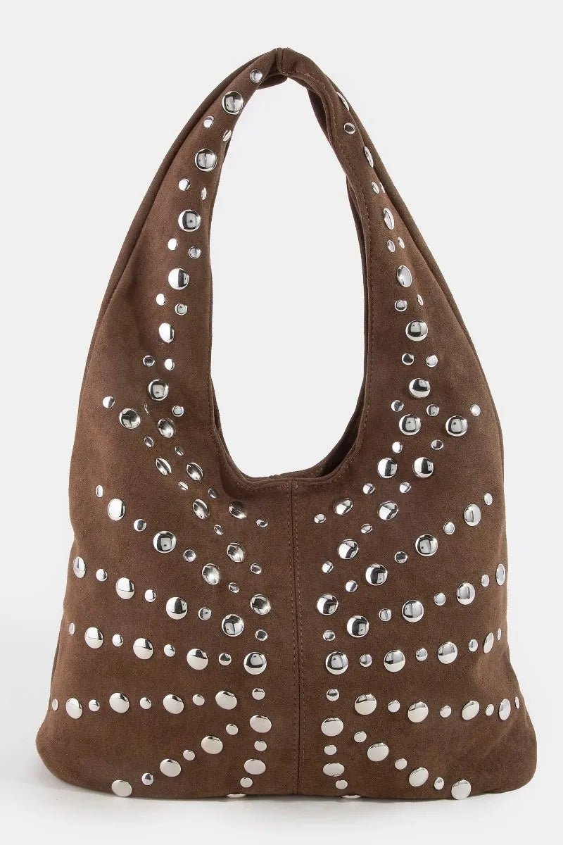 Fame Grommet Studded Suede Shoulder Bag - Dark Brown / One Size