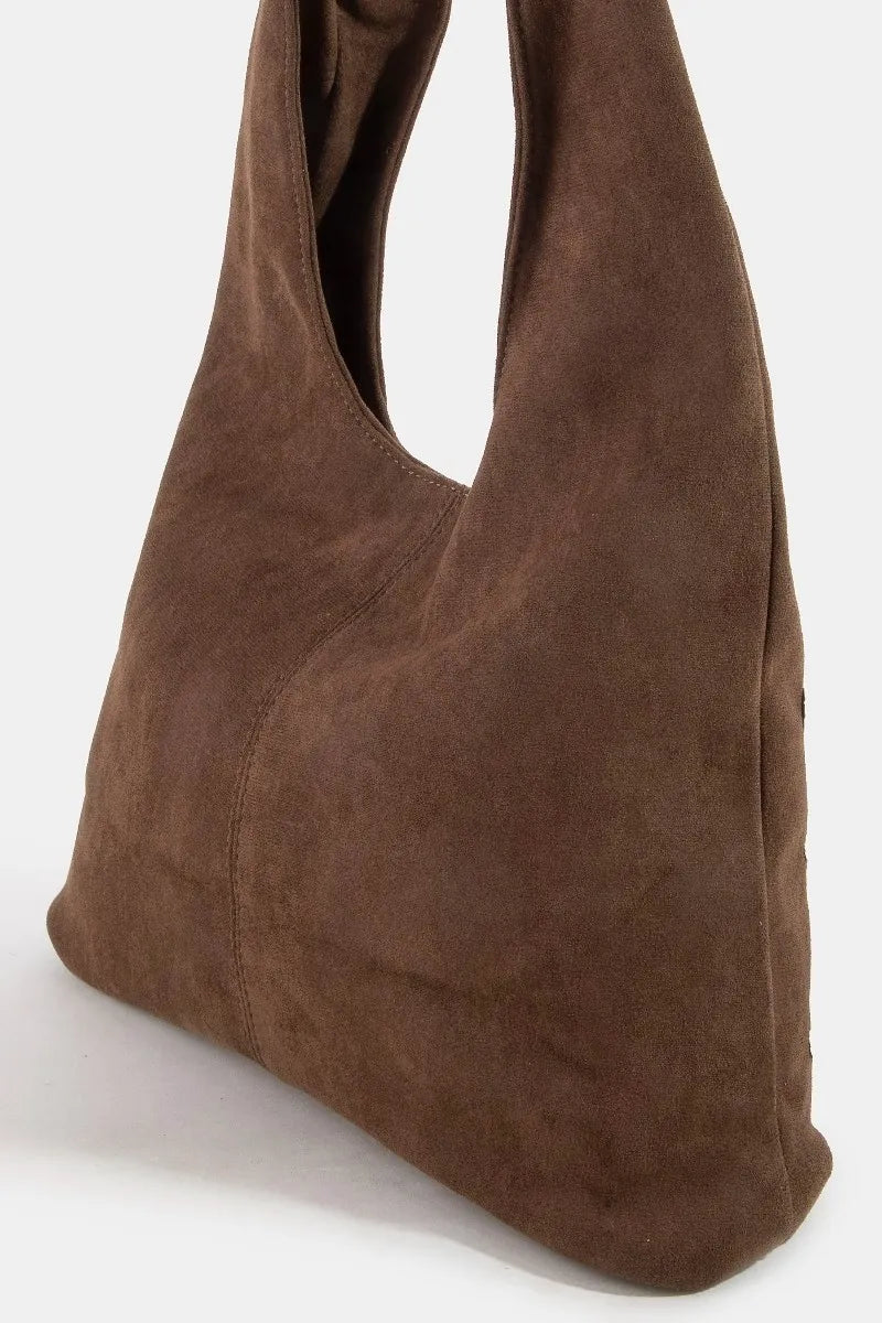 Fame Grommet Studded Suede Shoulder Bag - Dark Brown / One Size