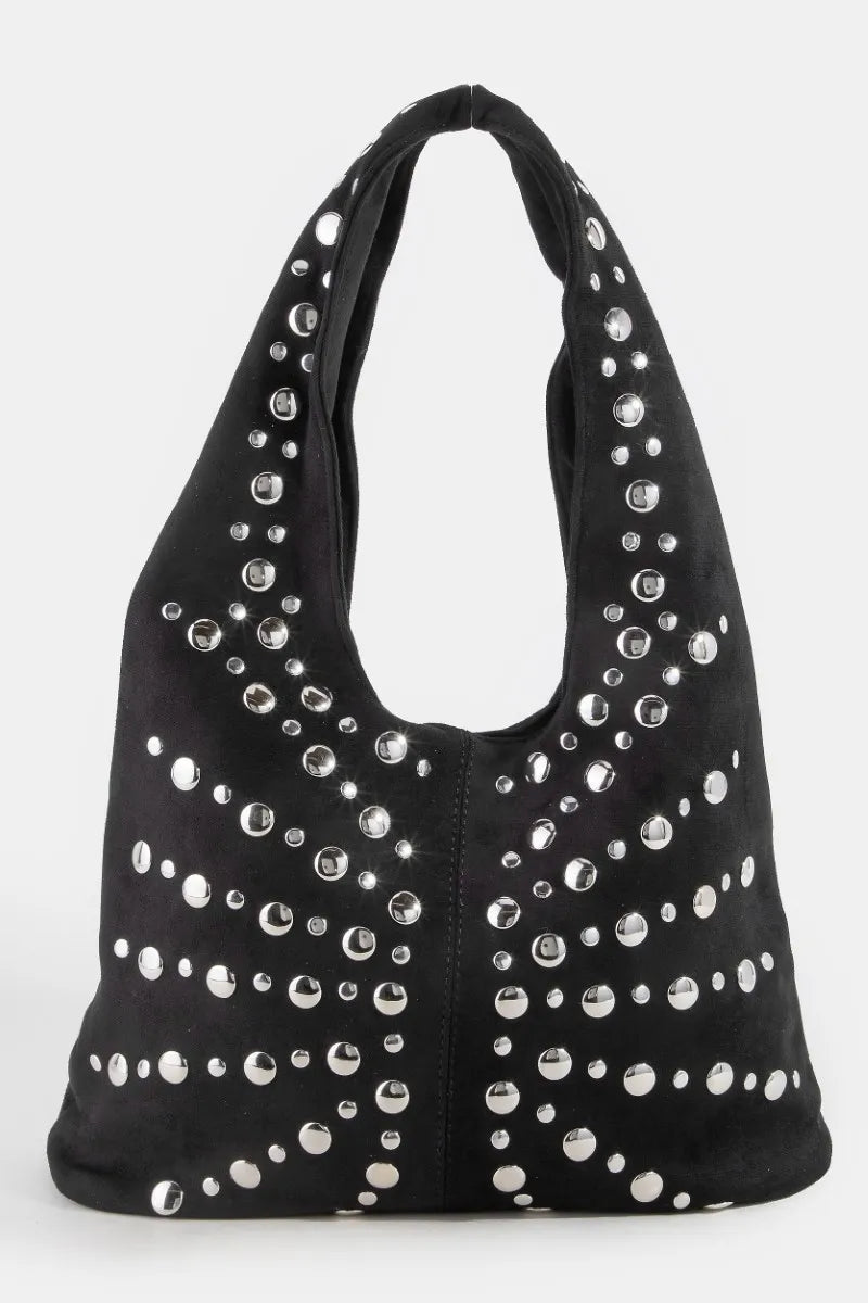 Fame Grommet Studded Suede Shoulder Bag - Black / One Size