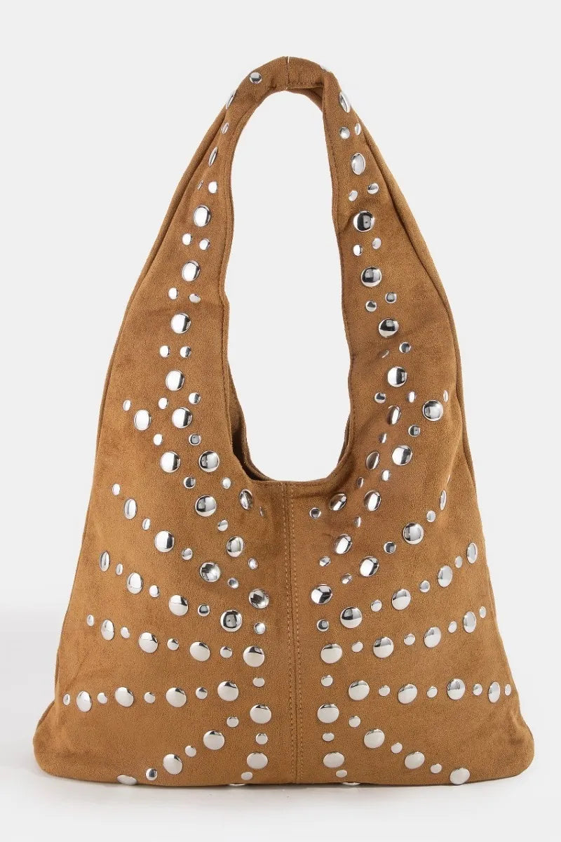 Fame Grommet Studded Suede Shoulder Bag - Light Brown / One Size