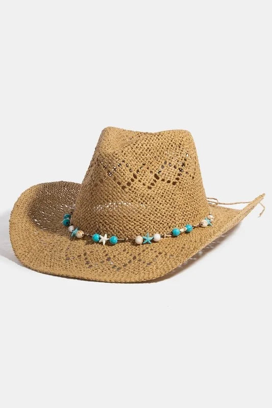 Fame Turquoise and Shell Star Beads Strap Western Straw Hat - Brown / One Size
