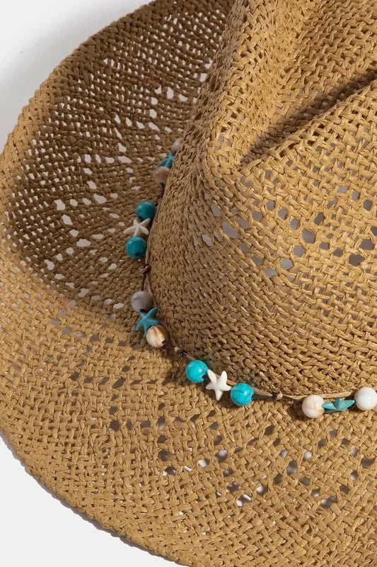 Fame Turquoise and Shell Star Beads Strap Western Straw Hat - Brown / One Size