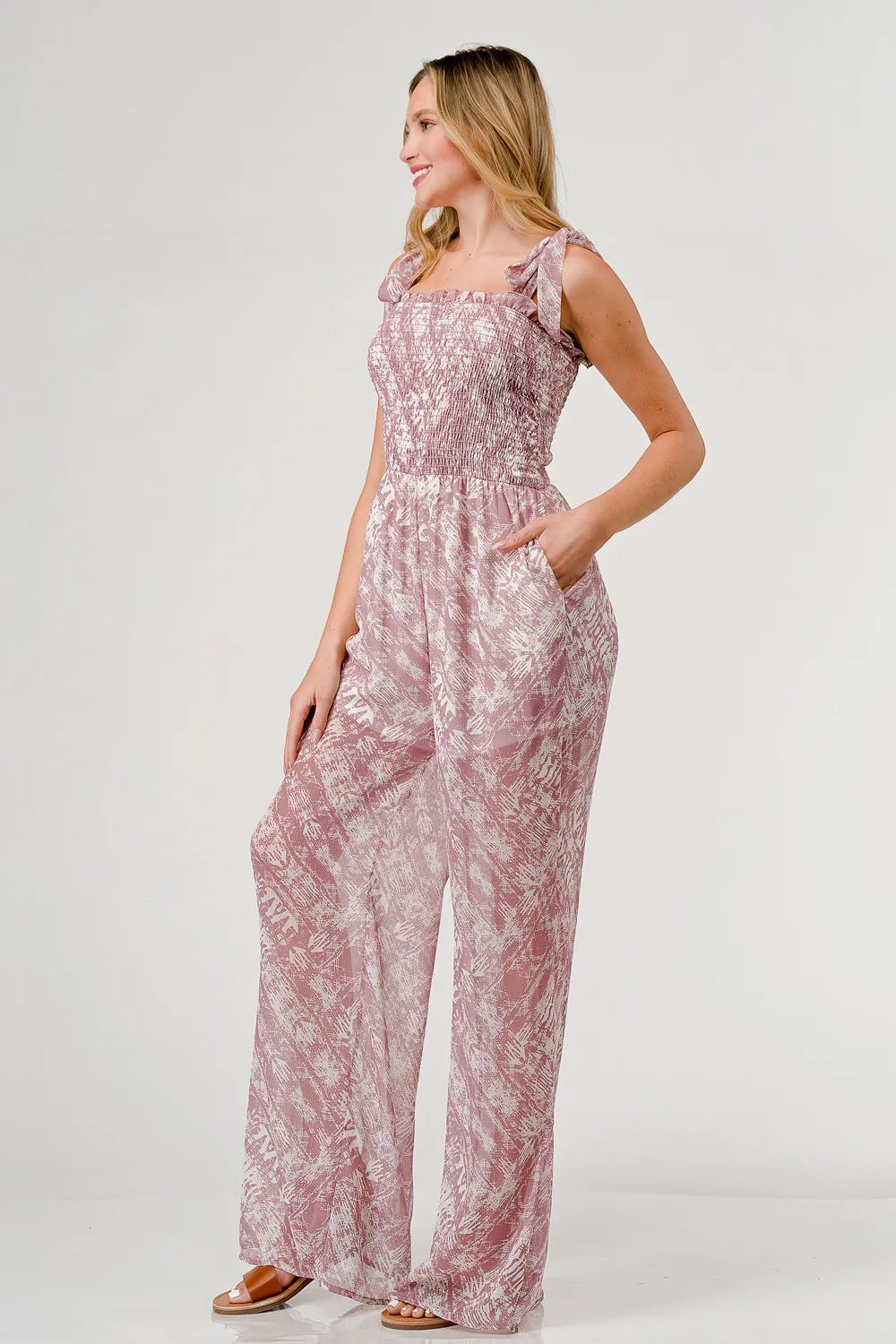 GeeGee Printed Tie Shoulder Wide Leg Jumpsuit - Mauve / S