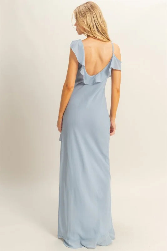 HYFVE Chiffon Ruffle Trim Midi Dress - DUSTY BLUE / S