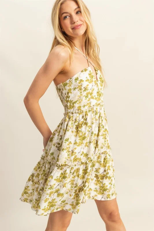 HYFVE Floral Print Halter Neck Tiered Mini Dress - Green / S