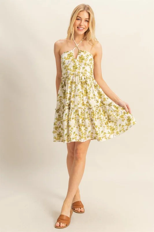 HYFVE Floral Print Halter Neck Tiered Mini Dress - Green / S
