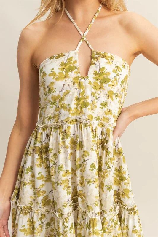 HYFVE Floral Print Halter Neck Tiered Mini Dress - Green / S